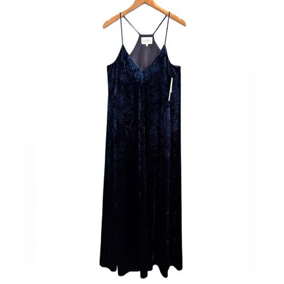 Nicole Miller Full Length Navy Crushed Velvet Slip Dress Size 8 - Picture 1 of 5